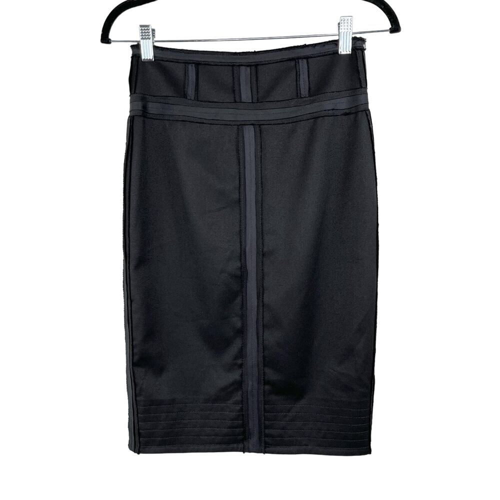 Robert Rodriguez Black Windowpane Silk Ribbon Trim Midi Pencil Skirt 2 Executive